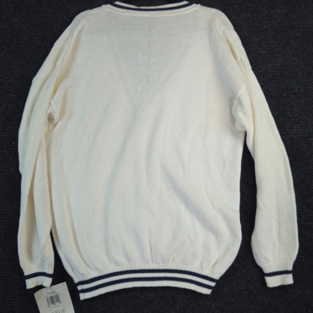 Dockers Womens Cardigan L White Navy Trim Cable Knit Gold Button Sweater USA VTG - Picture 2 of 12